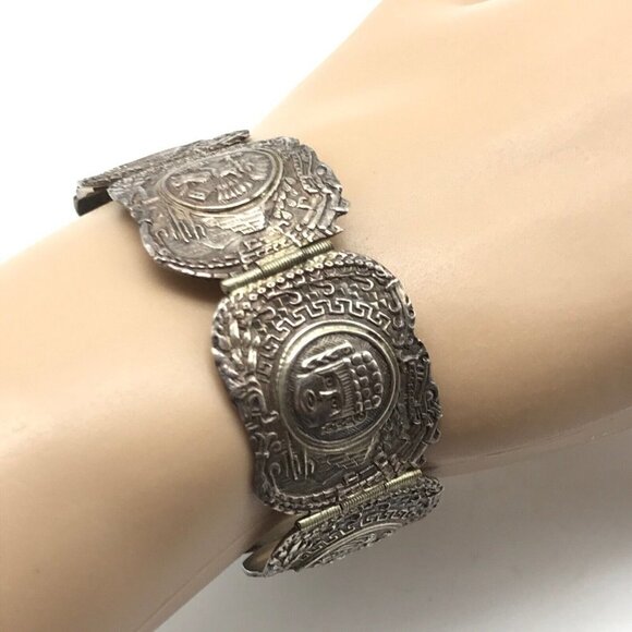 Vintage EME MEXICO 925 Sterling Silver Mayan Face Panel Link Bracelet 7" - Picture 12 of 12